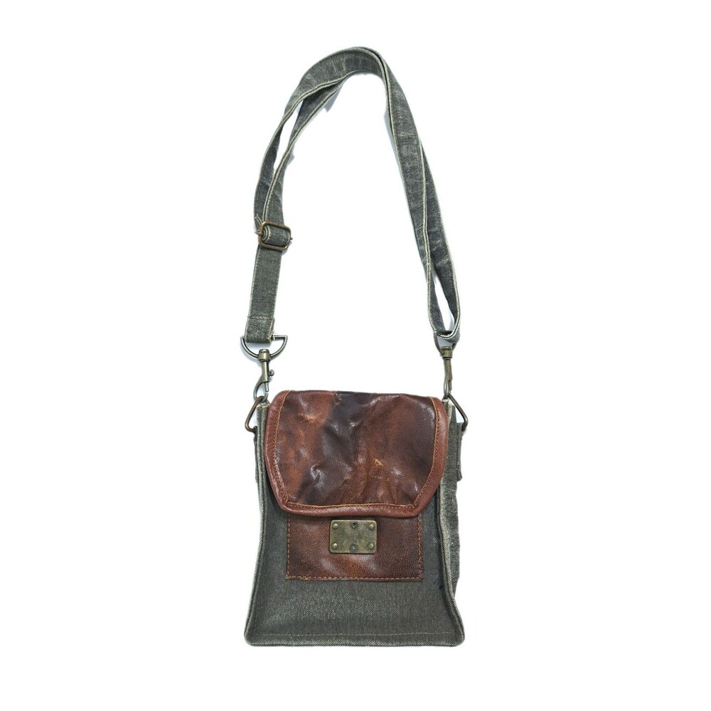 Mona B Purse Crossbody Flap Over Steampunk Upcycled Leather Canvas Satchel Bag